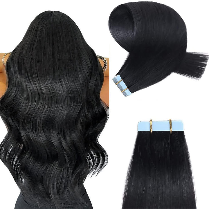 YILITE Tape Extensions Echthaar, Jet Black 45cm 20 Stück/Packung 50g Tape in Extensions Echthaar Inv