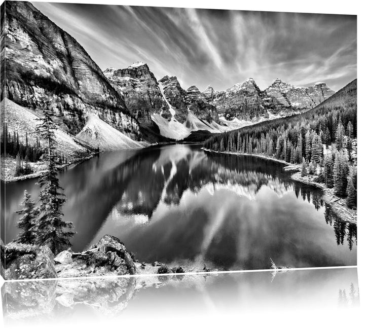 Monocrome, Bergsee, Format: 100x70 auf Leinwand, XXL riesige Bilder fertig gerahmt mit Keilrahmen, K