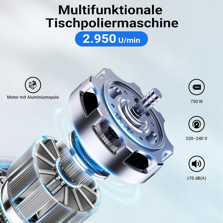 Wiltec Poliermaschine 750W mit 2 Polierscheiben Ø 200mm, 2950 U/min, Doppelschleifer mit robustem Ge