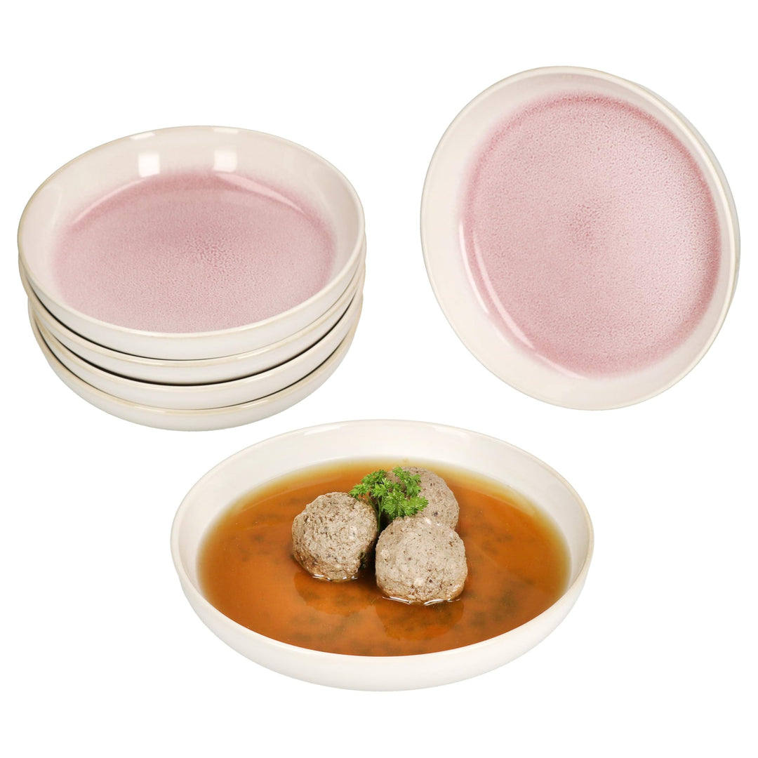 MamboCat 6er Set Reactive Glaze Paris Suppenteller I 400 ml I Creme &amp; Pink I Steingut-Teller für 6 P