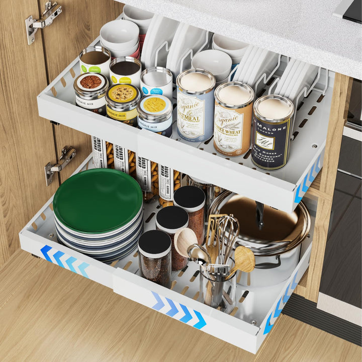 2 Pack erweiterbar Pull Out Cabinet Organizer Adhesive mit 8 Geschirrhalter, Pull Out Regale für Küc