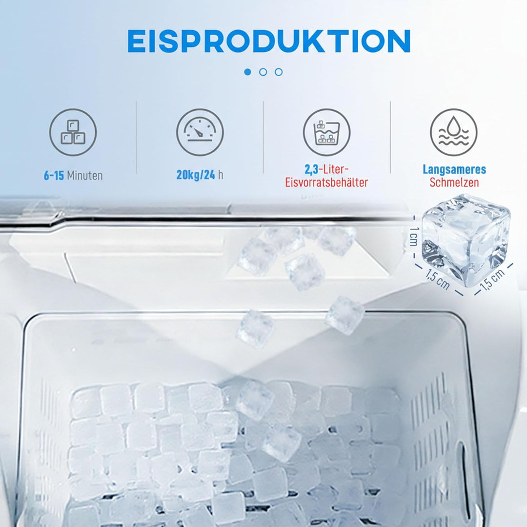HOMCOM Eiswürfelmaschine Edelstahl, Ice Maker mit 24 Eiswürfeln pro Durchgang, 20kg/24h, 2,1L Wasser