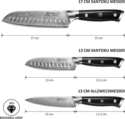 PAUDIN Damastmesser set, Messerset 3-teilig, Damast Küchenmesserset mit Ultra Scharfes Santokumesser