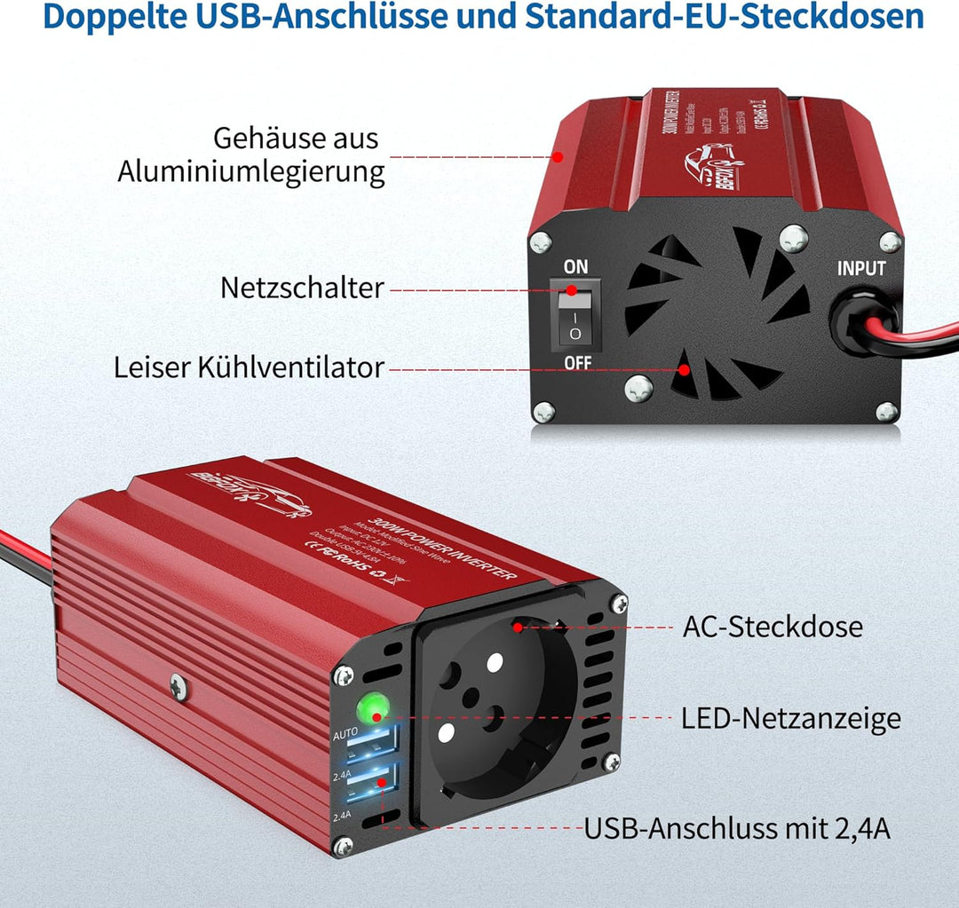 BGFOX 300W Spannungswandler DC 12V auf 230V AC Wechselrichter Modifizierte Sinus Stromumwandler mit