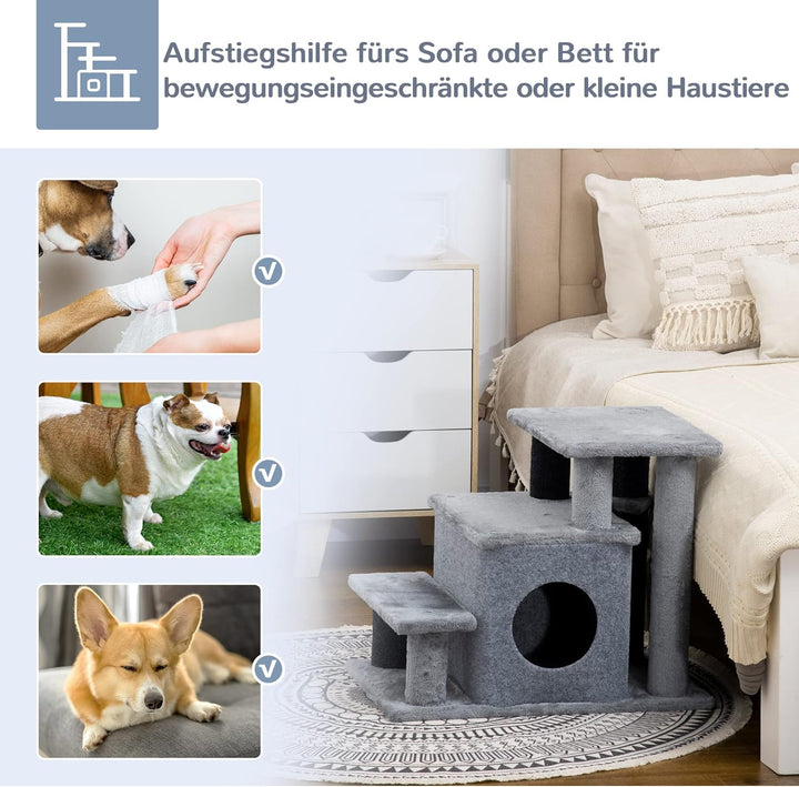 PawHut Hundetreppe 3/4 Stufen 66 cm Hoch Haustiertreppe mit Schlafhöhle, Rampe, Sipielball, Katzentr