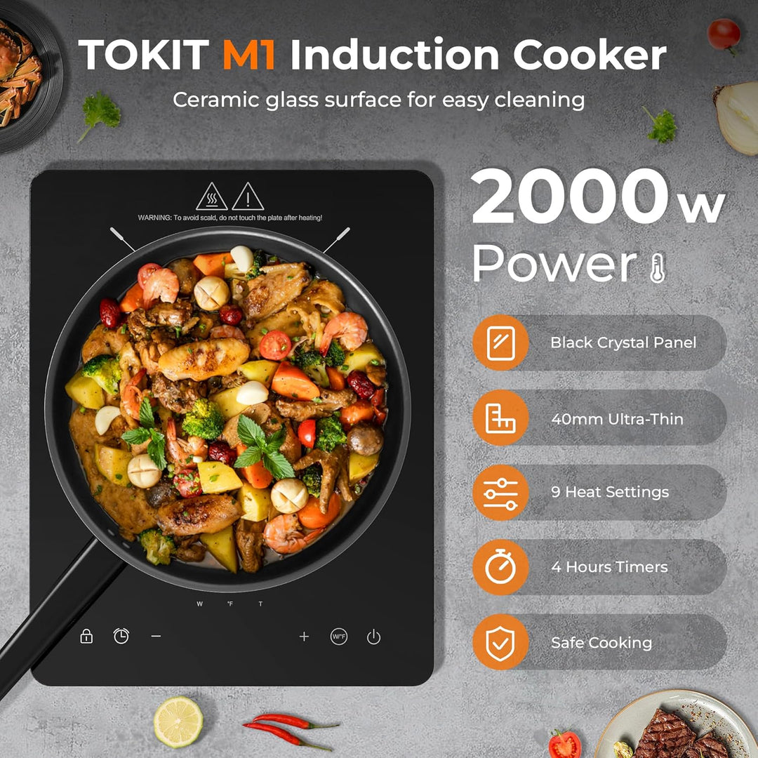 TOKIT Induktionskochfeld 2000 W, Induktionskochplatte mit 9 individuellen Leistungsstufen, 90-Minute