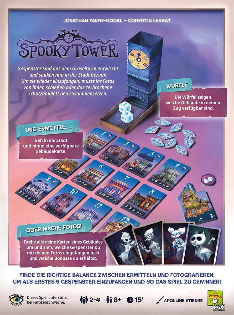 Asmodee, Spooky Tower, DE-Version, Kompetitives Familienspiel mit Geister-Thema für 2-4 Spieler ab 8