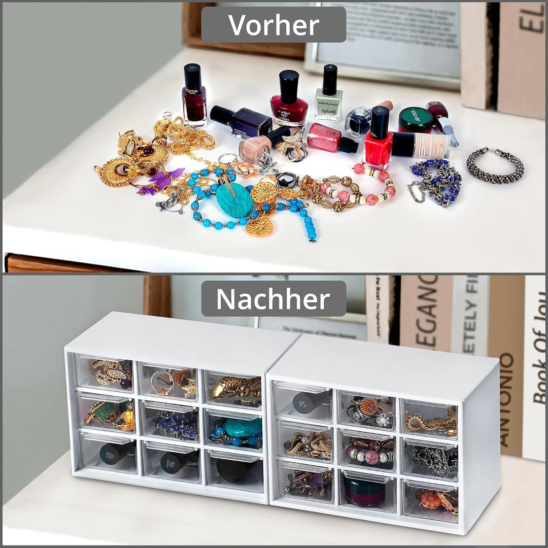 Winter Shore Bastelbox Aufbewahrung mit 9 Schubladen [2er-Pack] - Durchsichtige & Weisse Schubladenb