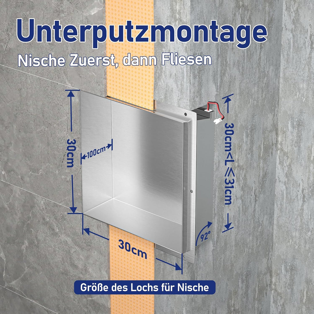 Wandnische Dusche Edelstahl, wasserdichte Nische mit LED-Licht, Eingebettete Duschnische 30x30x10cm,