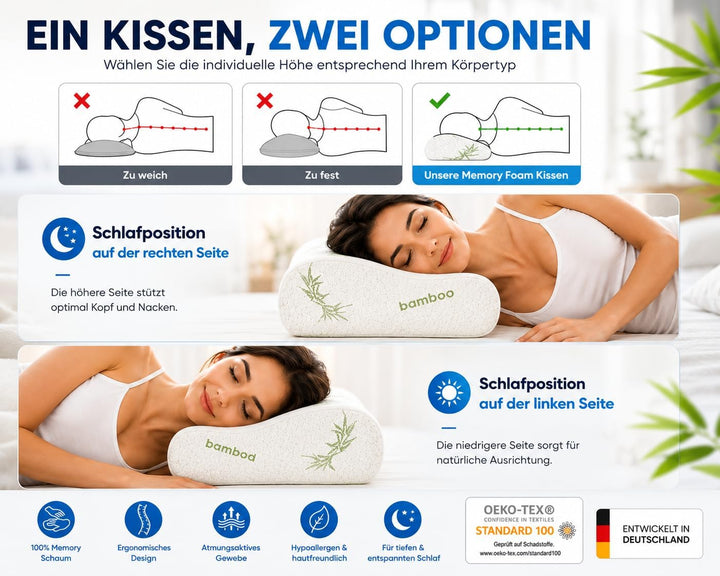 Orthopädisches Nackenstützkissen aus Memory Foam – Ergonomisches Kopfkissen für Seiten- &amp; Rückenschl
