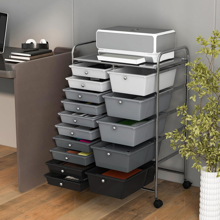 KOMFOTTEU Trolley mit 15 Schubladen, stapelbar, Verriegelungsrollen, metallschoniger Rahmen, für Bür