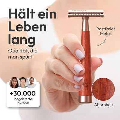 ANYMALE® Rasierhobel Rosegold aus Sandelholz - Damen Set inklusive 5 ASTRA Klingen - Plastikfreier R