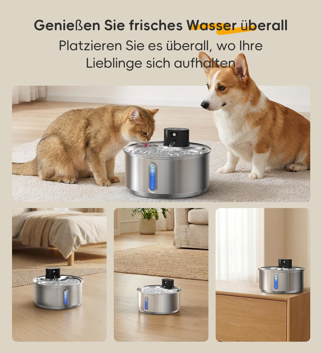 Katzenbrunnen Edelstahl, 5,5 L Trinkbrunnen für Katzen Kabellos, 5000mAh Akku Hunde mit bewegungsmel