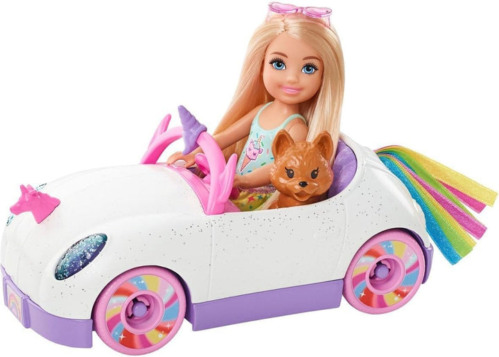 Barbie-Serie Chelsea, Chelsea-Puppe mit Einhorn-Auto, Welpe und Aufklebern, mit Räder, Puppe Chelsea