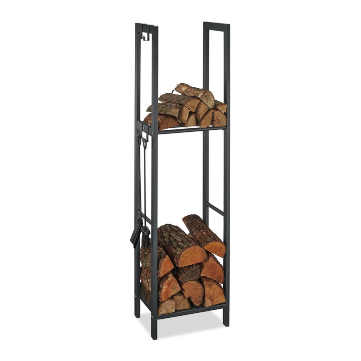 Relaxdays, anthrazit Kaminholzregal mit 2 Ablagen, aus Stahl, 4 Haken für Kaminbesteck, Brennholzreg