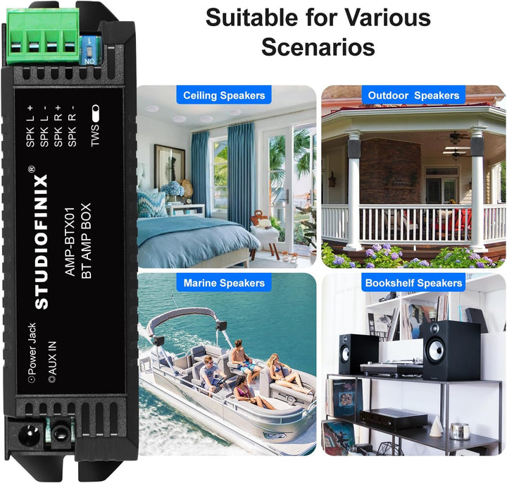 STUODIOFINIX 2-Kanal Mini Bluetooth Verstärker für passive Lautsprecher mit TWS, AUX, Ersatzteil, pa