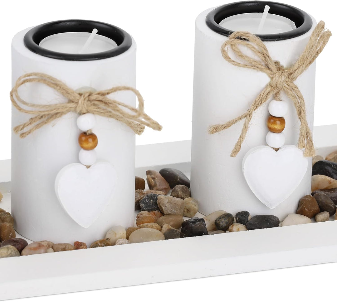 Relaxdays Teelichthalter Set mit Tablett & Steinen, 39,5 cm lang, Tischdeko Wohnzimmer, Esszimmer, K