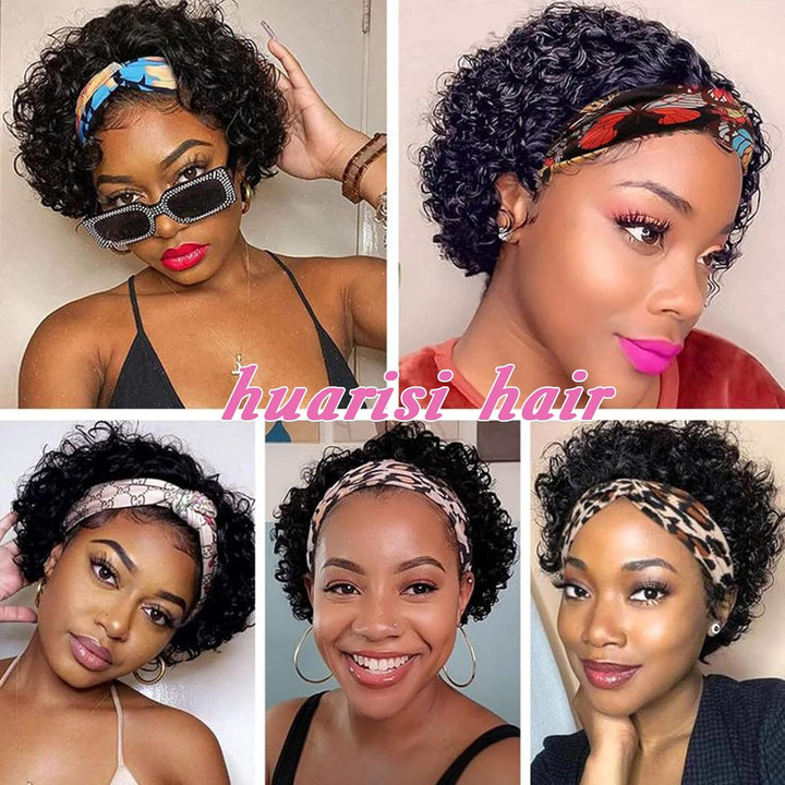 Huarisi Short Curly Pixie Cut Wigs for Women Human Hair Black Headband Bob Wig Glueless None Lace We
