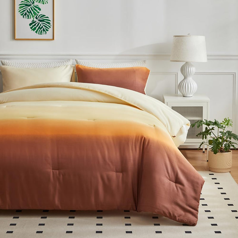 OLDBIAO Bettdecke 135 x 200 cm + 2 Kissenbezüge 80 x 80 cm 3 Teilig mit Beige - Braun Farbverluaf De