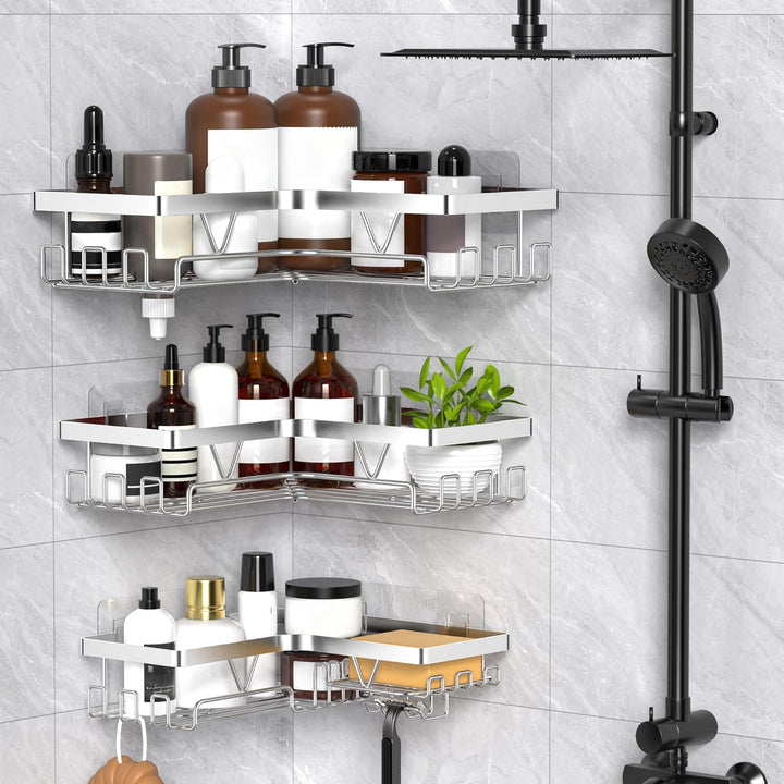 Kegii Duschablage Ohne Bohren Ecke - 3-Stufig Eckregal Bad Silber Duschregal Edelstahl Shampoo Halte