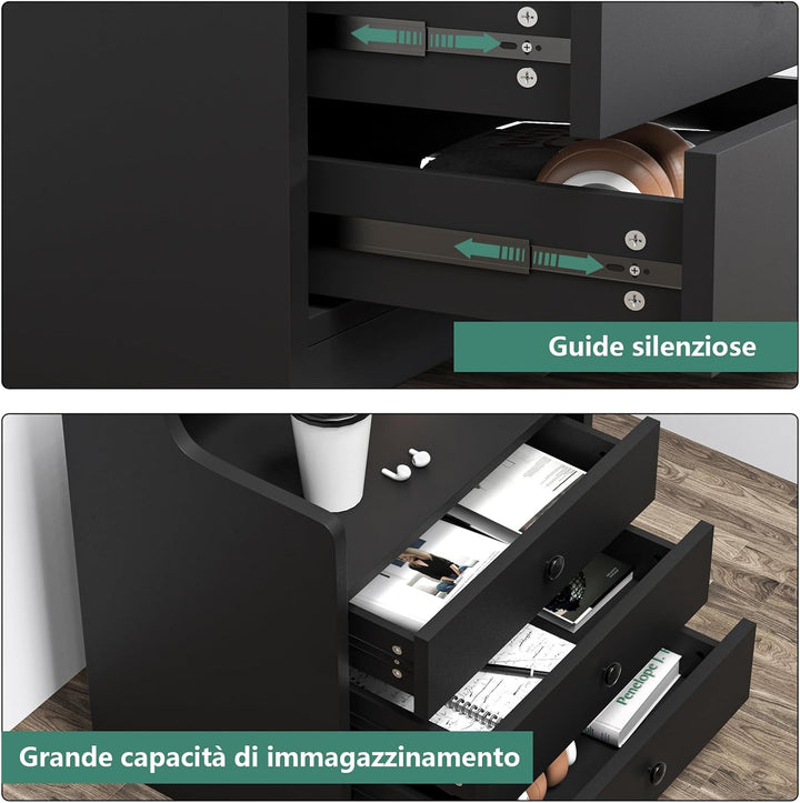 Nachttisch mit Ladestation, Nachtschrank mit Steckdosen und USB Anschlüsse, Nachttisch mit 3 Schubla