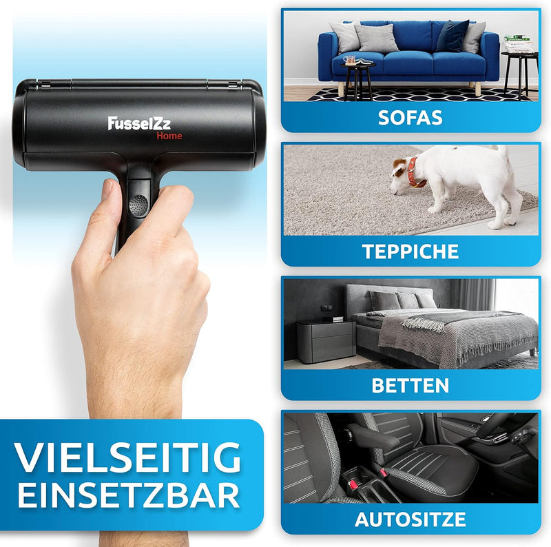 FusselZz® Home Premium Fusselrolle Schwarz Tierhaare - Selbstreinigender Tierhaarentferner zum Katze