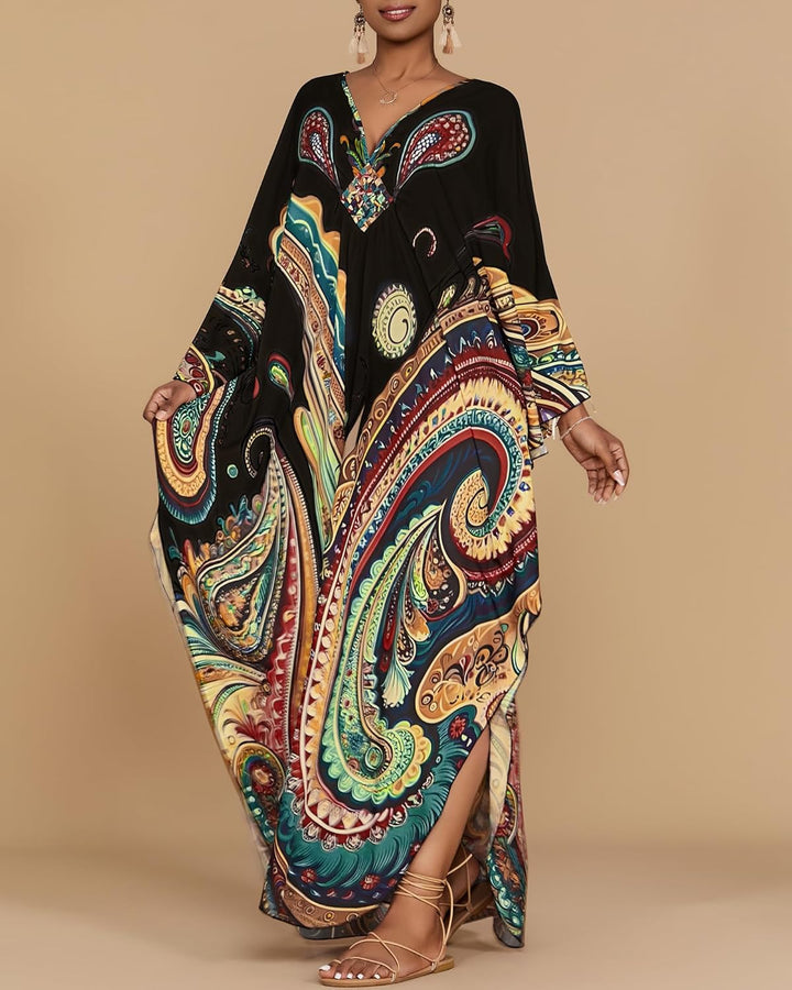 Bsubseach Damen Strandkleid Ethnic Print Kaftan Beach Maxi Kleider A-Schwarz, A-Schwarz