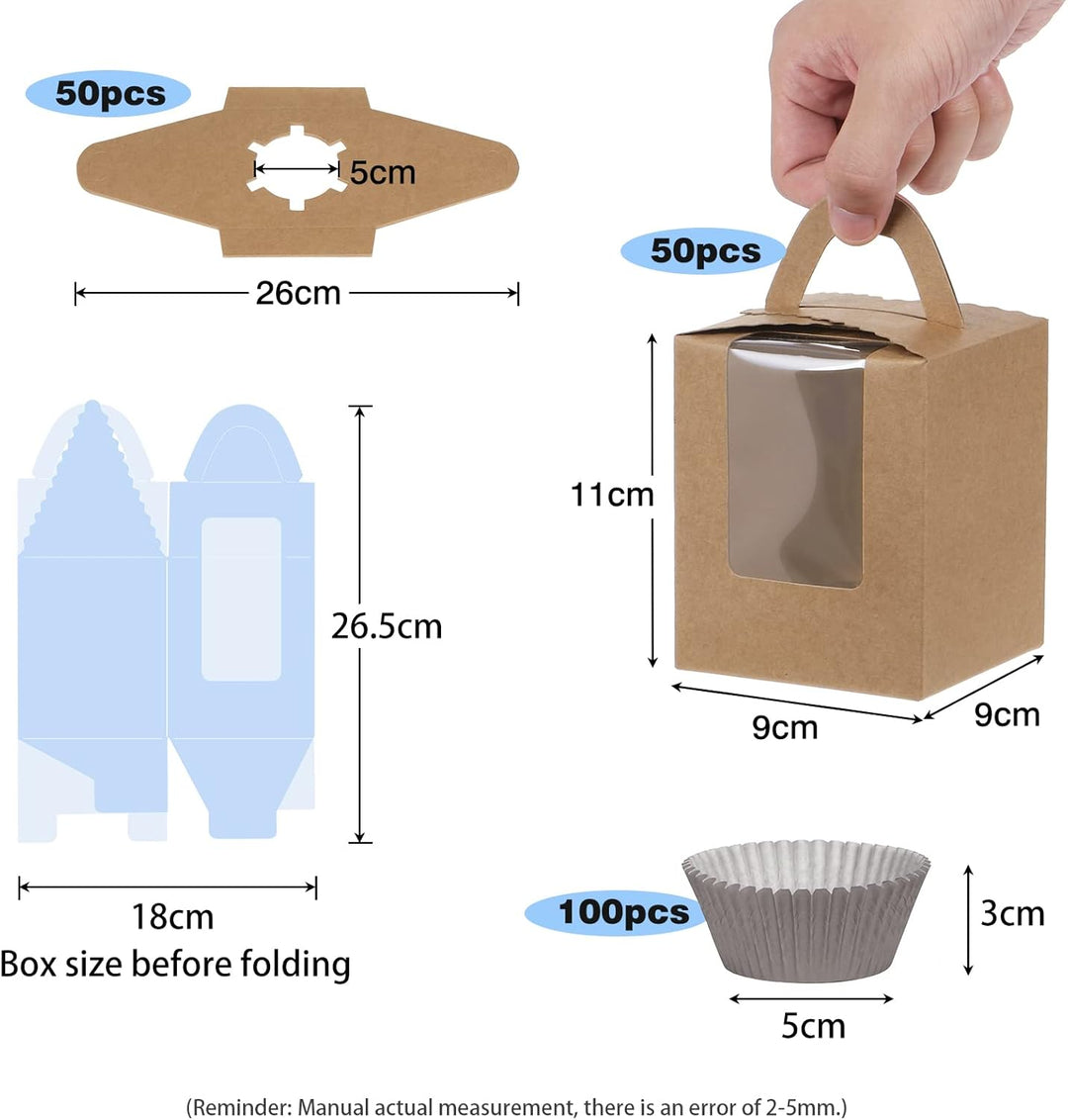 Fippy 50 Stück Cupcake Boxen 1er mit 100 Stück Cupcake Förmchen Papier, Einzelne Cupcake Muffin Boxe