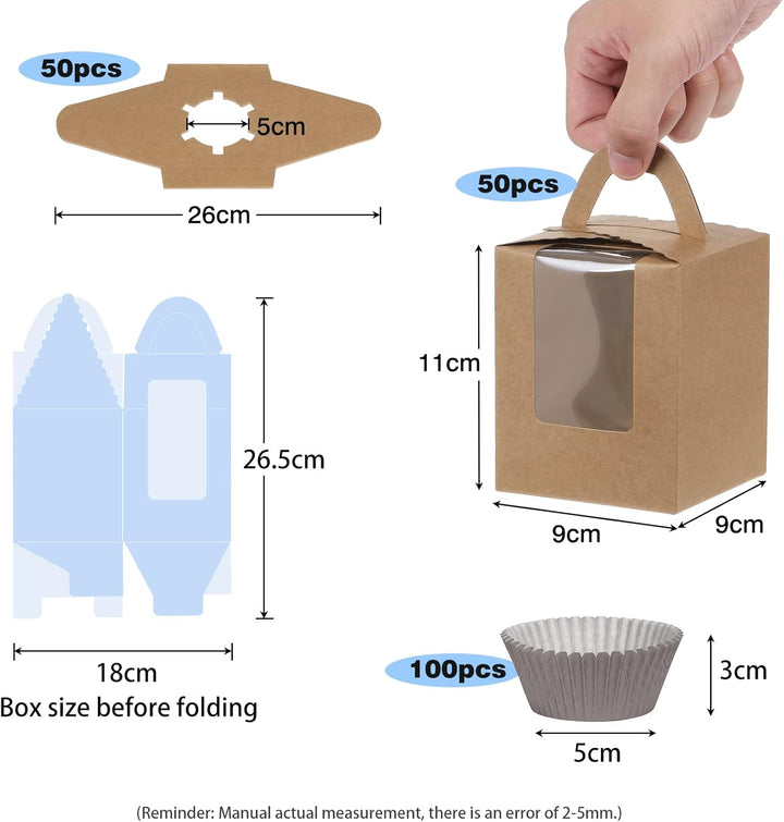Fippy 50 Stück Cupcake Boxen 1er mit 100 Stück Cupcake Förmchen Papier, Einzelne Cupcake Muffin Boxe