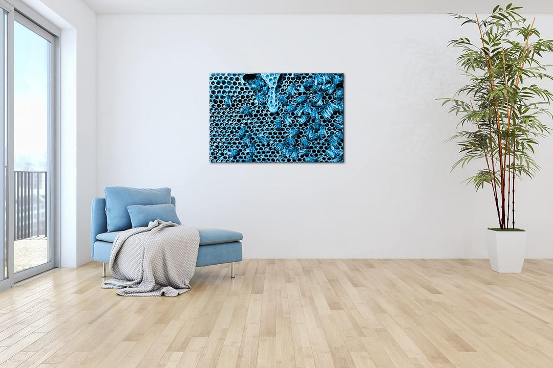 deyoli atemberaubende Honigwabe mit Bienen Format 80x60 Effekt: Monocrome Blau als Leinwandbild, Mot