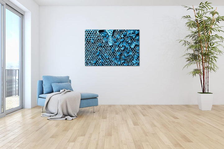 deyoli atemberaubende Honigwabe mit Bienen Format 80x60 Effekt: Monocrome Blau als Leinwandbild, Mot