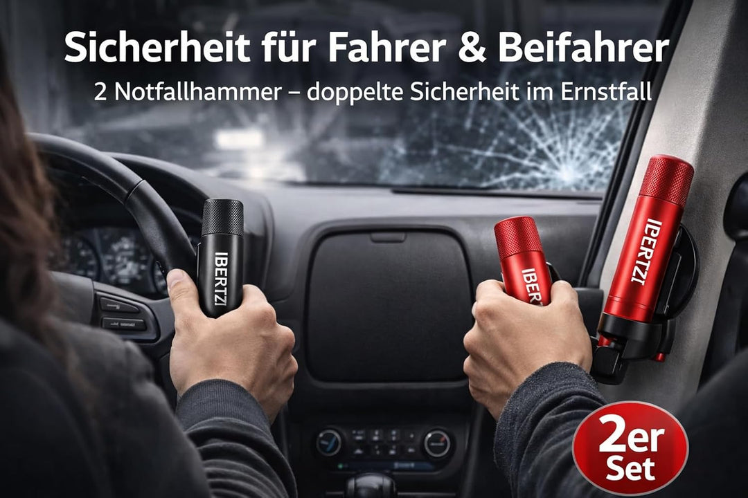 Notfallhammer Auto 2er Set mit Halterung & Testglas – Scheibenhammer mit Gurtschneider – KFZ Nothamm