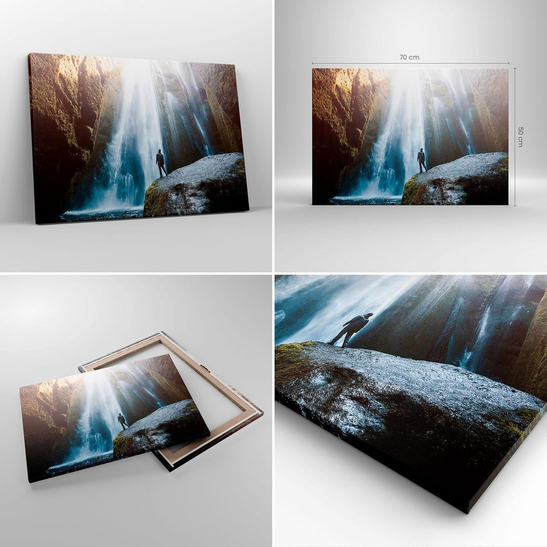 Bilder auf Leinwand Berg Wasserfall Leinwandbild mit Rahmen 70x50cm Wandbilder Dekoration Wohnzimmer