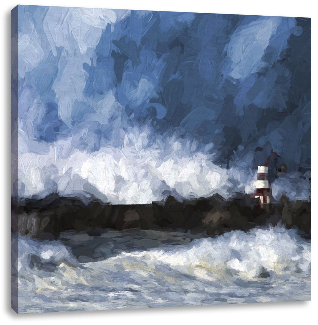 Pixxprint Tobendes Meer mit Leuchtturm als Leinwandbild/Grösse: 70x70 cm/Wandbild/Kunstdruck/fertig