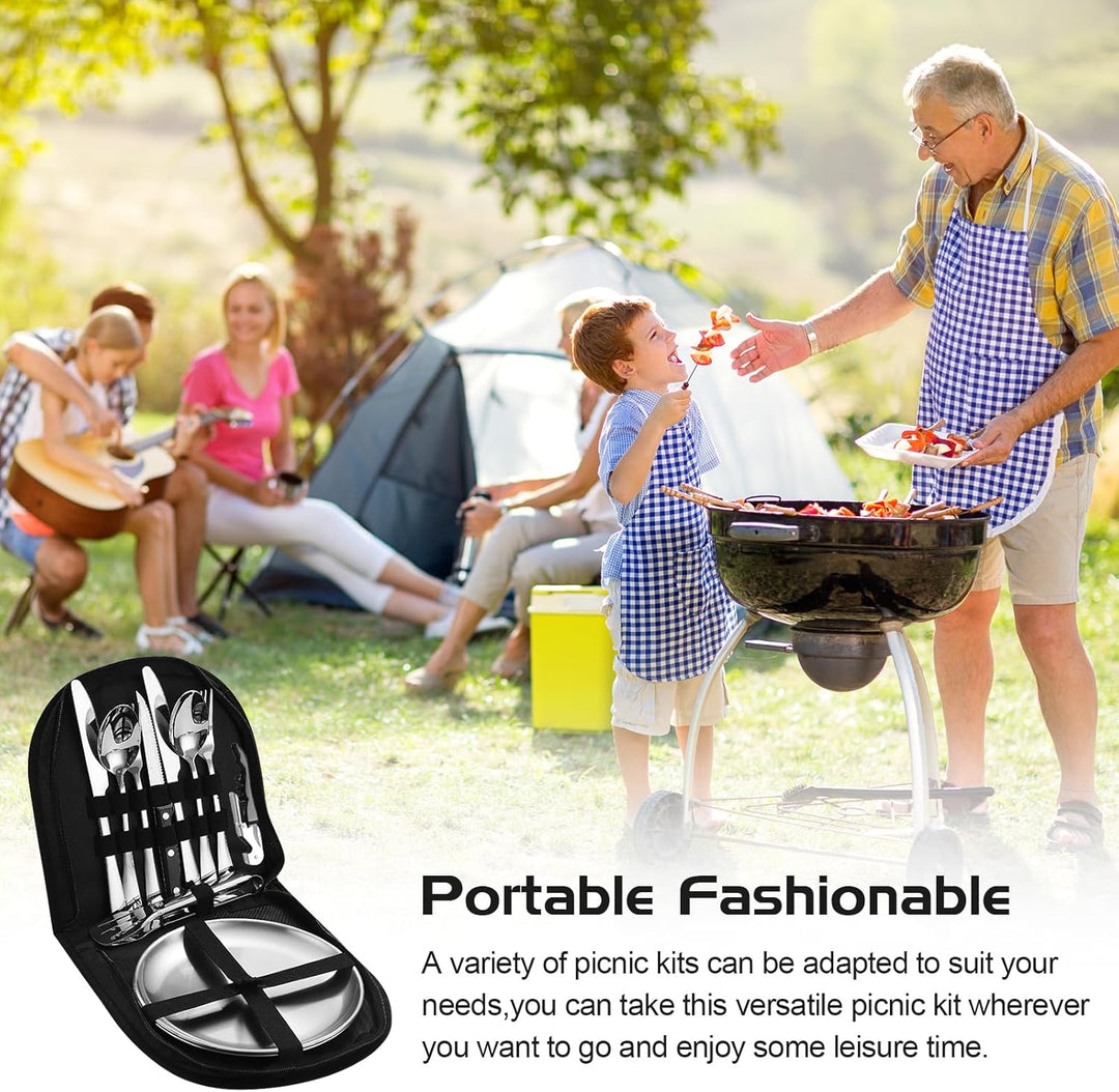 Campingbesteck Set für 2 Personen, Tragbares Edelstahl Outdoor Geschirr Set für Camping, Picknick un