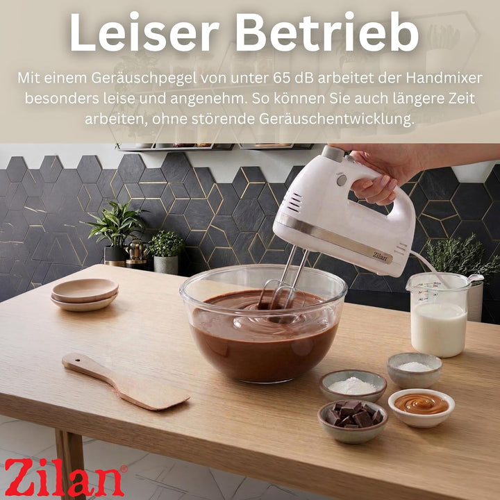 Zilan Handmixer 500W mit Ständer – Elektrischer Handrührer mit 5 Geschwindigkeiten + Turbo, Leise Kü