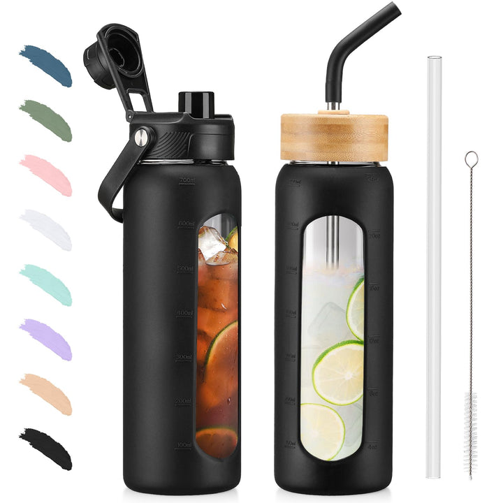 BLUEGO 700ml Glaswasserflasche mit Strohhalm und 2 Deckeln Kaffeetasse aus Glas mit Zeitmarkierung u