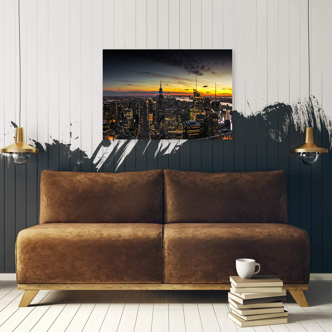 Feeby Wandbild New York Druckbild Leinwandbild Sonnenuntergang Gelb 100x70 cm Leinwandbild 100x70 cm