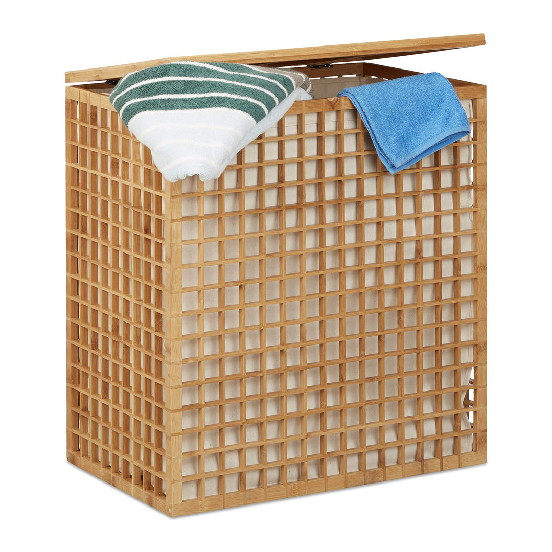 Relaxdays Wäschesammler 2 Fächer, eckige Wäschetruhe mit Wäschesack, Wäschesortierer mit 96 L, HBT: