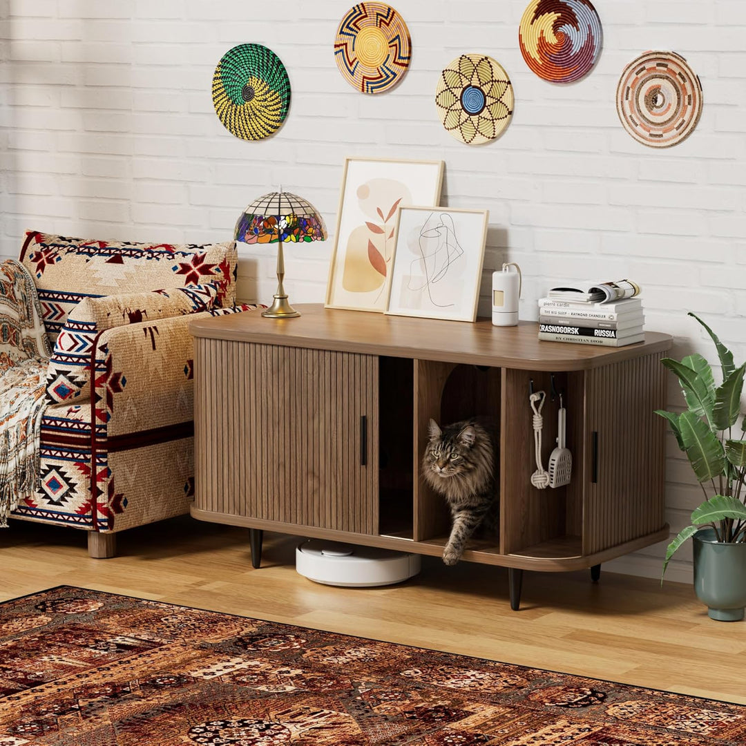 BACEKOLL Katzenklo Schrank mit Rollo-Tür Design, Mid-Century Katzenschrank Holz für grosse Katzen, V