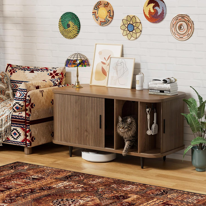 BACEKOLL Katzenklo Schrank mit Rollo-Tür Design, Mid-Century Katzenschrank Holz für grosse Katzen, V