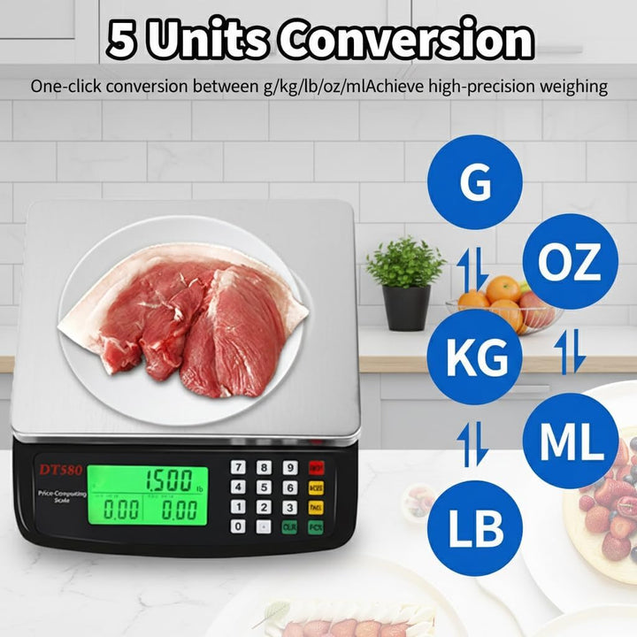 30kg/1g Digitale Küchenwaage, Edelstahl Gastronomie Essenswaage mit Preiskalkulation, Tara Funktion,