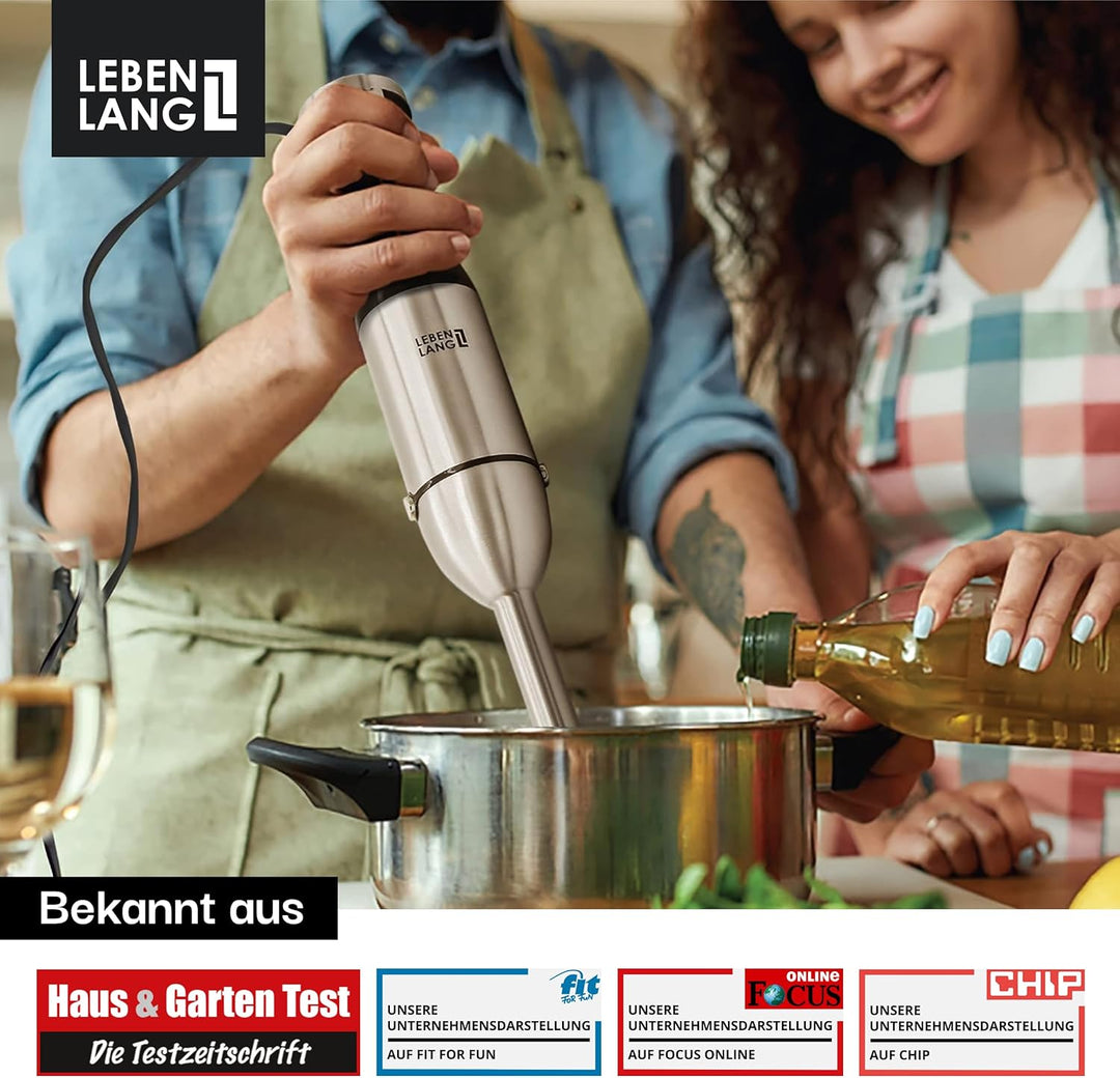 LEBENLANG 1000W Stabmixer Edelstahl - Mit Spritzschutz und 8 Stufen plus Turbo | Hochwertiger Pürier