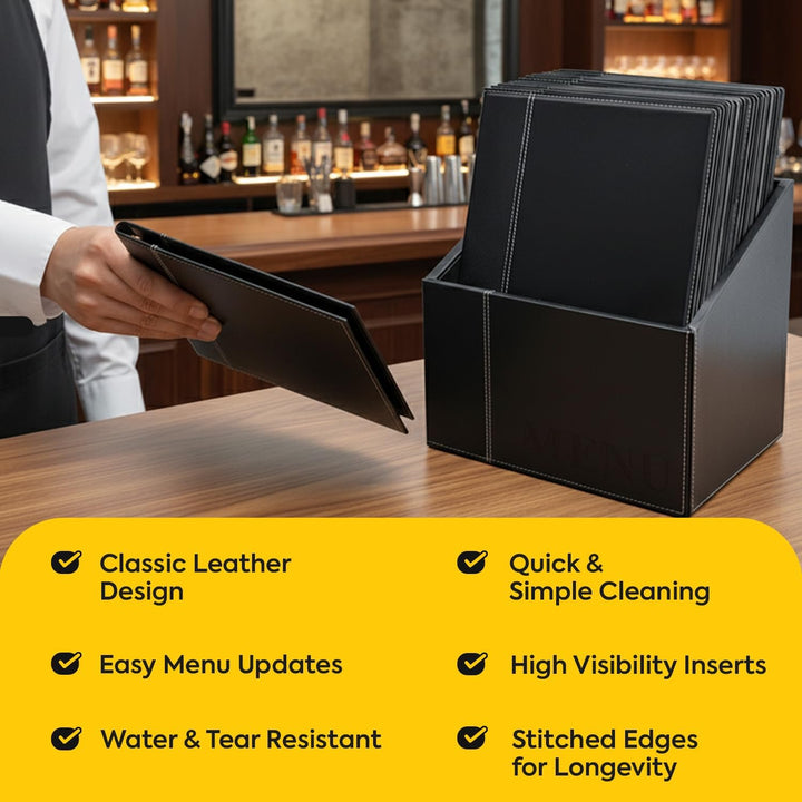 Securit Trendy Range Menükartenbox mit 20 Karten im A4-Format, je 1 doppelseitiger Einleger, Schwarz
