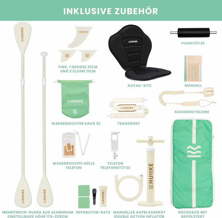 HUIIKE Stand Up Paddling Board mit Zubehör, Paddel, Finnen, Leash, Pumpe, Rucksack. SUP-Board Aufbla