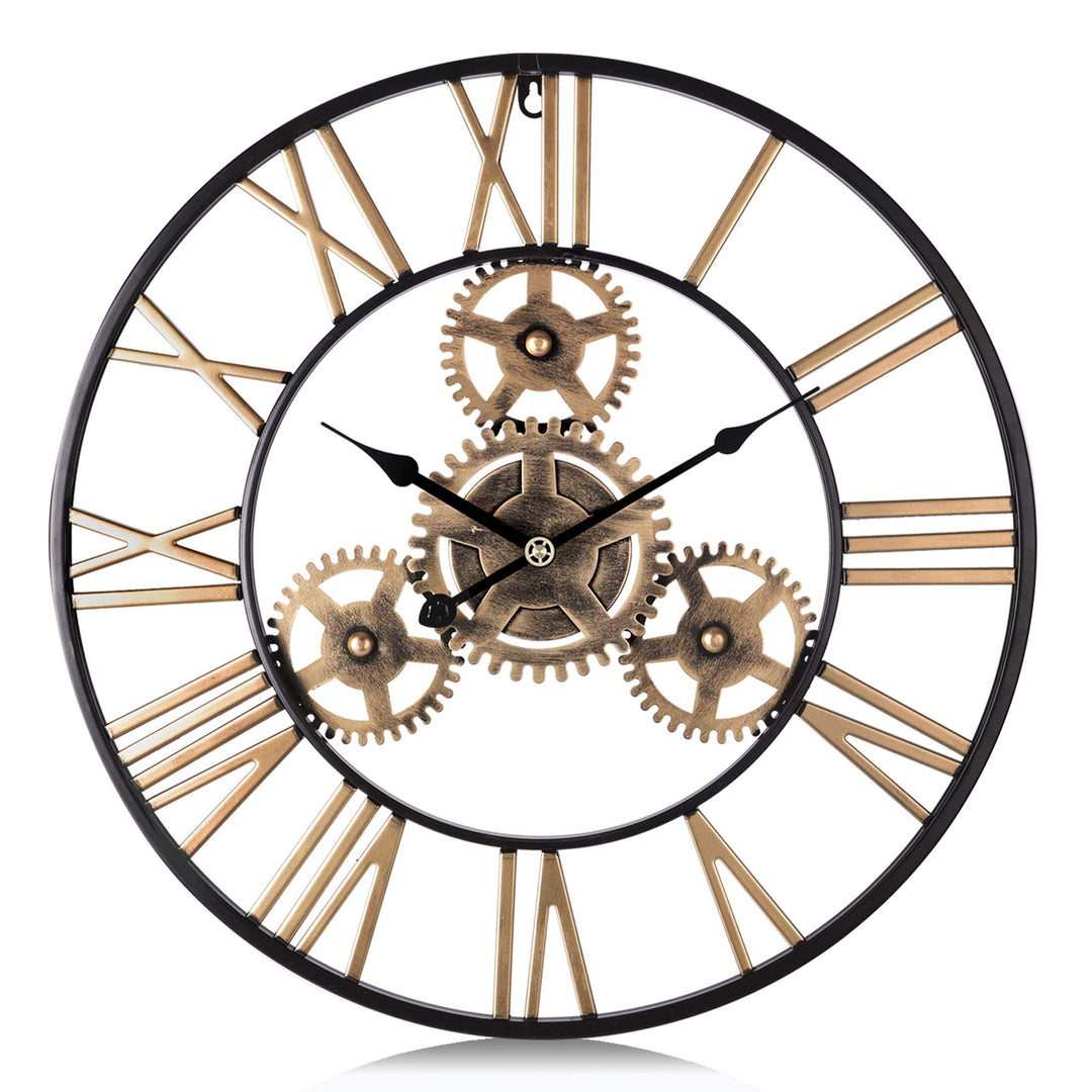 Lafocuse Industriell Gold Zahnrad Wanduhr Gross 57 cm Steampunk Lautlos Metall Quarzuhr mit 3D Romis