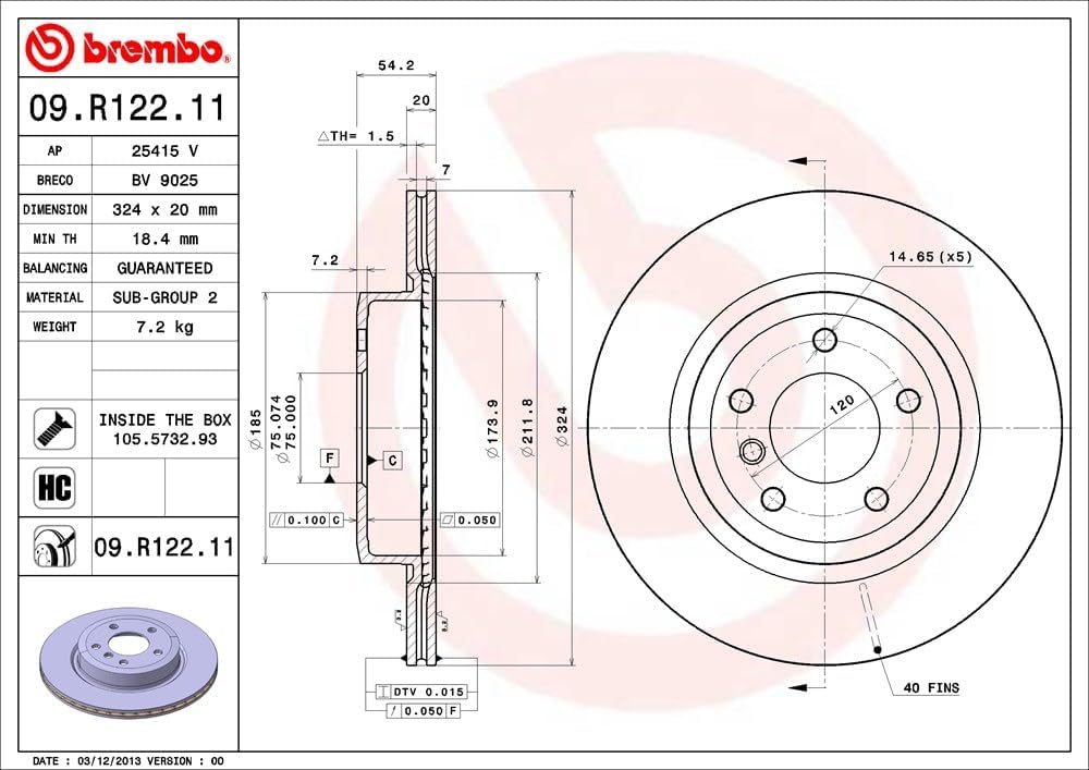 Brembo 09.R122.11 Hintere Bremsscheibe mit UV Lackierung, Anzahl 2