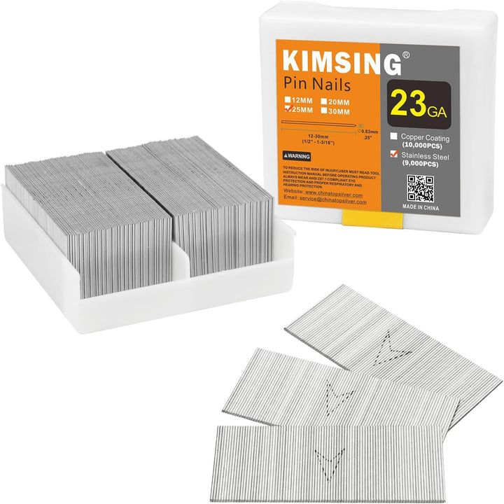 KIMSING 23 Gauge Edelstahl Micro Pin Nägel 9.000 Stück/Box, 25 mm kopflose Stifte, passend für pneum