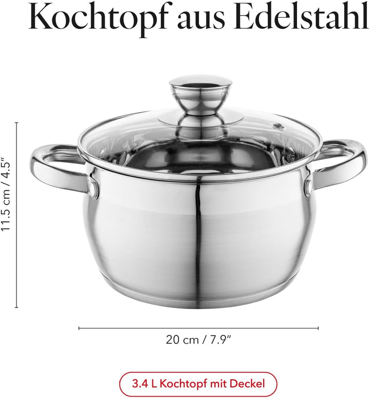 Florina Oliver 20 cm 3,4 L Edelstahltopf mit Glasdeckel | Für Induktion, Gas, Elektro, Ceran | Messs