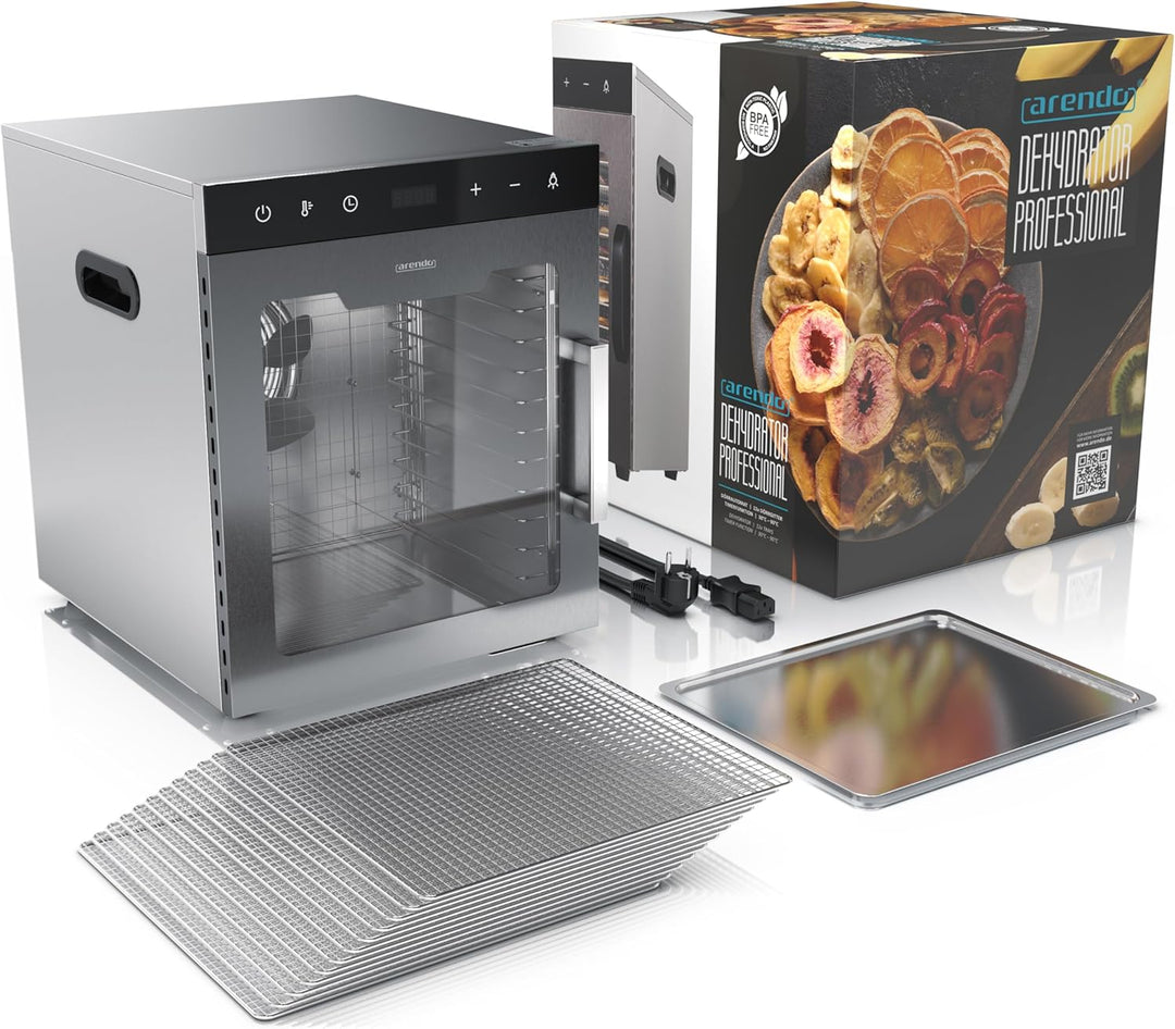 Arendo - Dörrautomat Edelstahl mit 12 Edelstahlgitter - 800 W - 30°- 90°C - 12 Edelstahl Einlegetabl